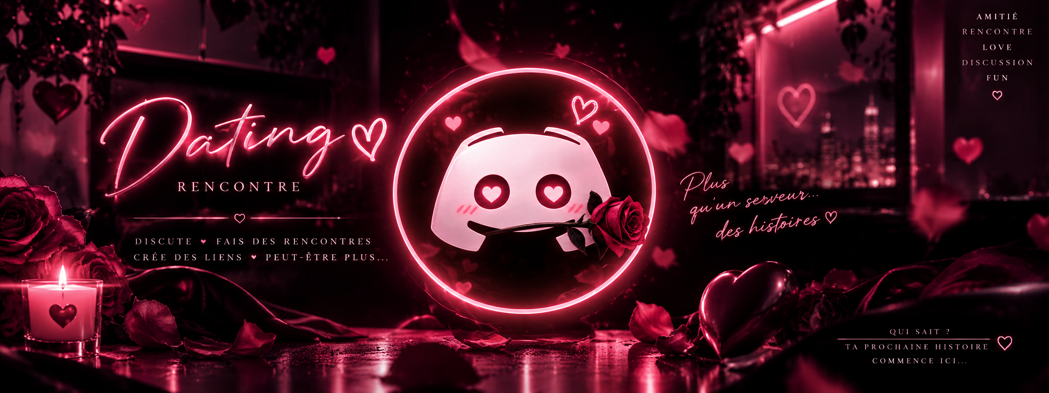 Dating ♡ Rencontre — bar de nuit, néons roses, roses rouges et la ville en fond